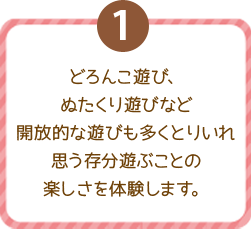 どろんこ遊び、ぬたくり遊びなど開放的な遊びも多くとりいれ思う存分遊ぶことの楽しさを体験します。